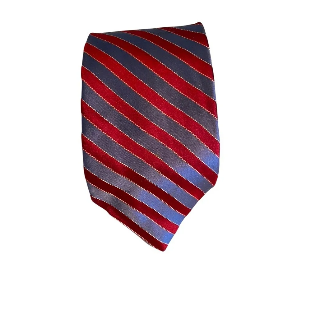 Tommy Hilfiger Mens Red Blue Striped Silk Tie Houndstooth Contrast Tip